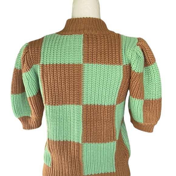 NWT English Factory Mint Green Tan Check Plaid Puff Sleeve Crop Sweater - XS - Picture 12 of 16